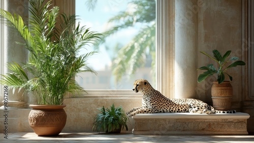 Cheetah roaming through an opulent garden with exotic plants and luxury details, creating a contrast between nature and elegance. photo