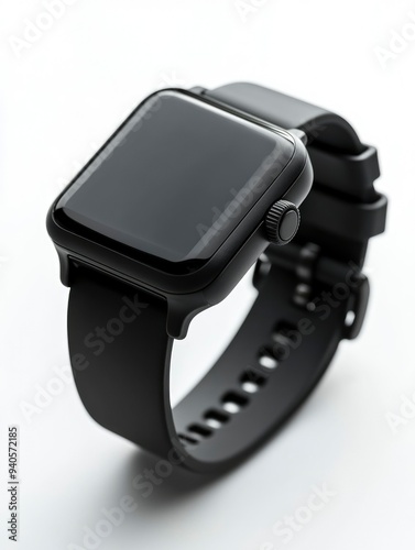 Black Smartwatch with Rubber Strap on White Background