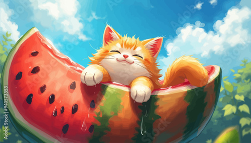 Cheerful Cat Sitting Inside a Watermelon