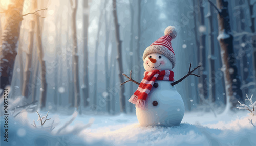 Cheerful Snowman Standing in a Snowy Forest