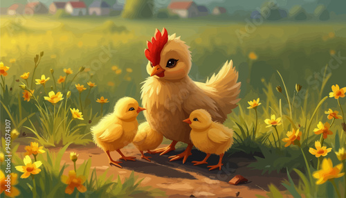 Chicken Family: Mother Hen and Chicks in a Field of Yellow Flowers