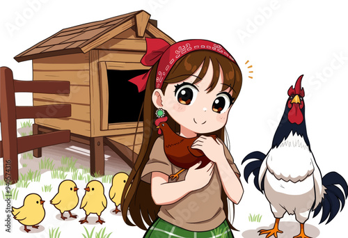 Chickens and a Rooster in a Farm Scene