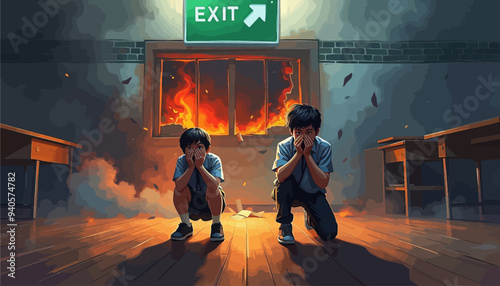 Children's School Evacuation: Two Students Hiding in Fear