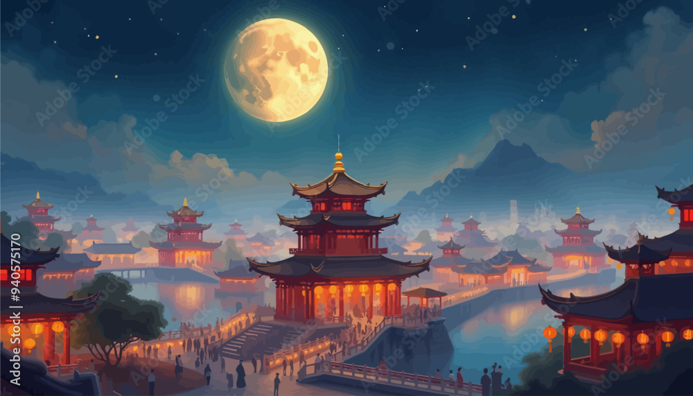 Chinese Lantern Festival Night Scene with Moon and Mountains Chinese Lantern Festival Night Scene with Moon and Mountains