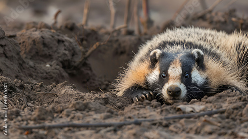 Eastern spotted skunk (Spilogale putorius) looks out of rotten trunk, adult, alert, Pine County, Minnesota, USA ai generative. photo