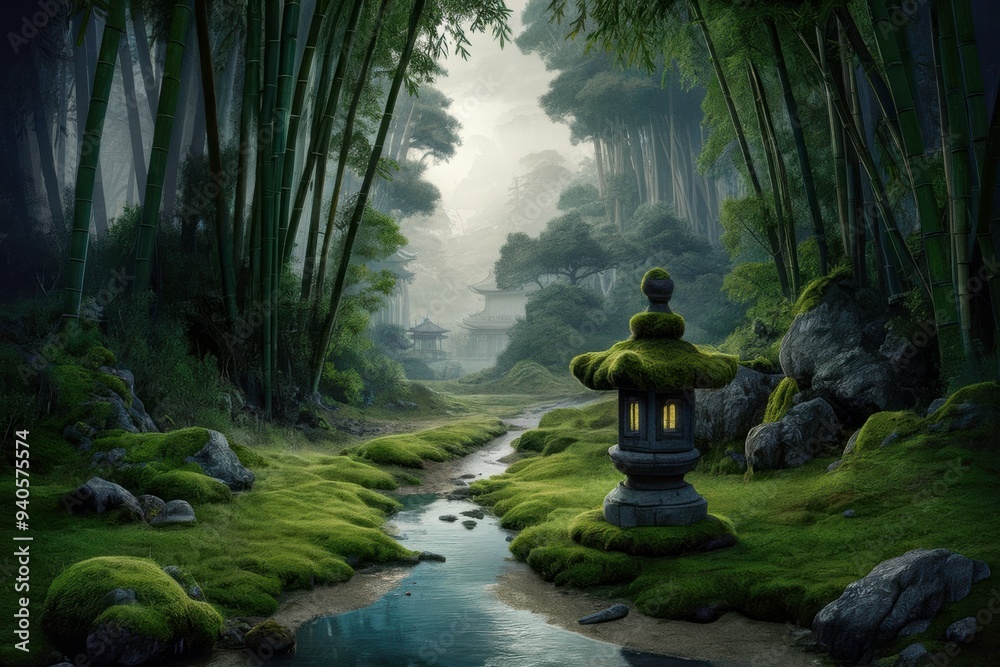Serene Bamboo Forest with Lantern and Stream Serene Bamboo Forest with Lantern and Stream