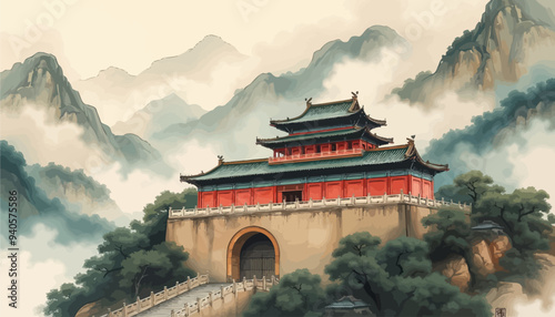 Chinese-style architectural structure with traditional roof and ornate details, set against a backdrop of misty mountains and lush trees