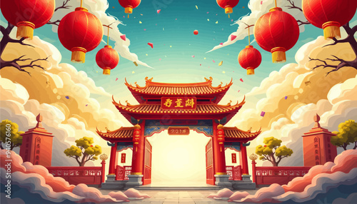 Chinese Temple Gateway with Traditional Architecture and Festive Decorations