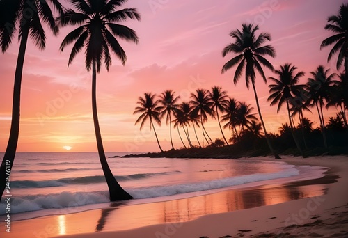 tropical beach background at sunset, with vibrant orange and pink hues in the sky, palm trees swaying gently