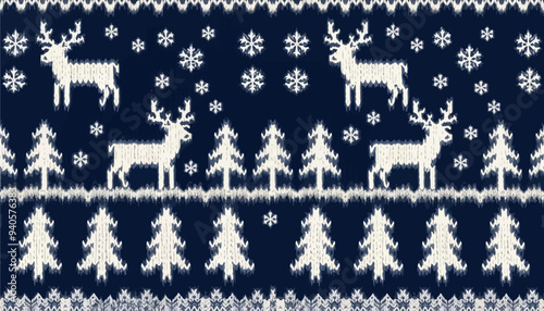 Christmas Reindeer Pattern: Festive Holiday Decoration with Snowflakes and Trees