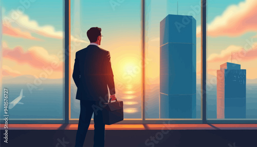 Cityscape at Sunset with Businessman Standing by Window