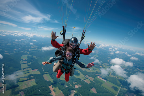 Skydiving duo experiencing thrilling freefall over a scenic landscape with expansive fields and fluffy clouds in the background delighting with exhilaration at high altitude excitement