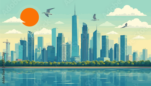 Cityscape with Modern Skyscrapers and Waterfront