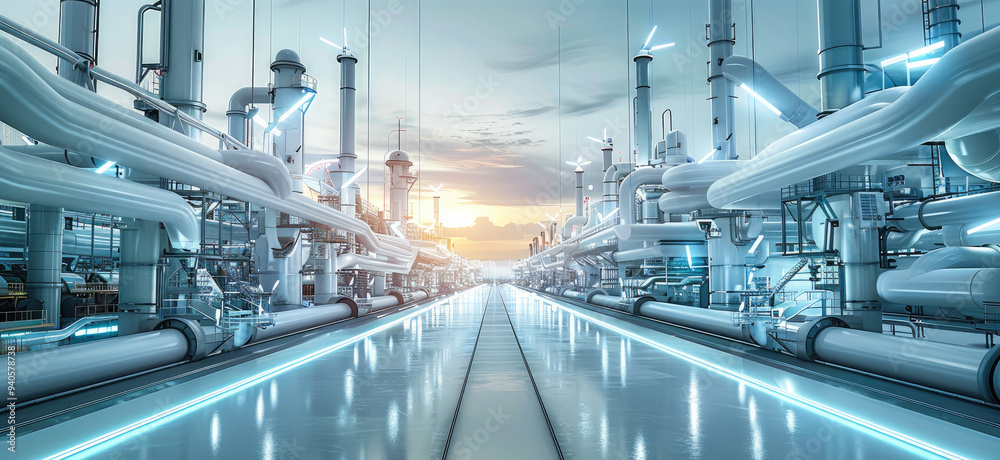 A futuristic smart factory industry landscape. Generative AI. A futuristic smart factory industry landscape. Generative AI.