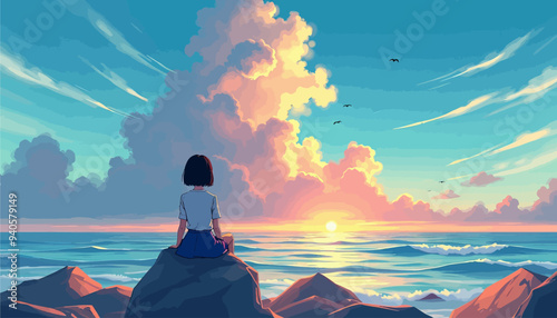 Contemplative Silhouette of a Girl by the Ocean at Sunset