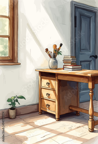 Cozy Home Office Setup with Wooden Desk, Books, and Plant