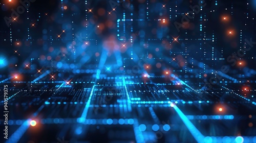 Abstract background with glowing blue squares and digital connections, representing technology or data transfer in dark colors. Generative AI.