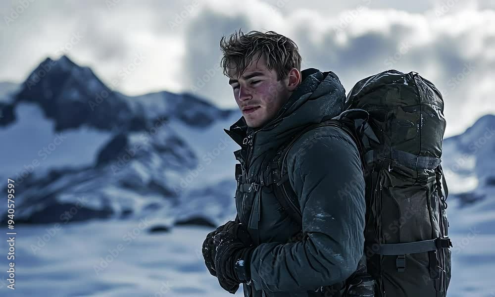 Man Backpacking in Snowy Mountain Wilderness with ai generated.
Man Backpacking in Snowy Mountain Wilderness with ai generated.