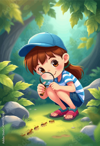 Curious Child Exploring Nature: A Young Girl Investigates Ants with a Magnifying Glass