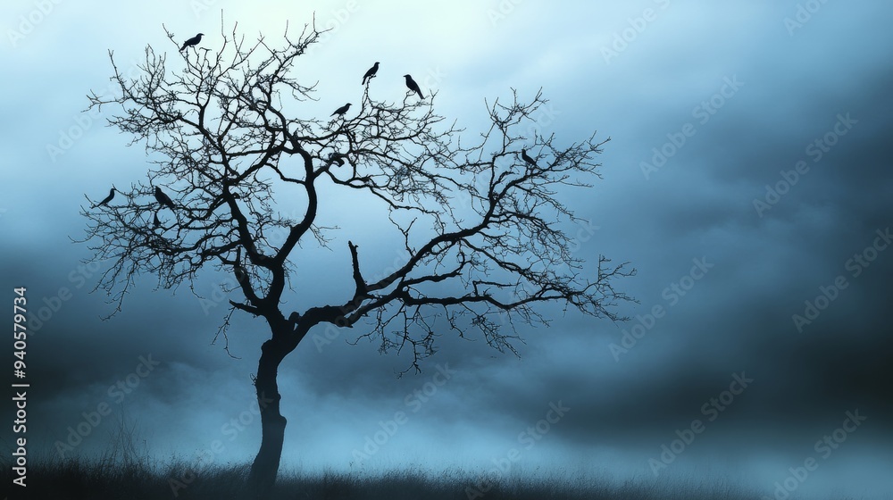 Mysterious Foggy Landscape with Birds on a Tree Branch, Moody Atmosphere Generative AI Mysterious Foggy Landscape with Birds on a Tree Branch, Moody Atmosphere Generative AI