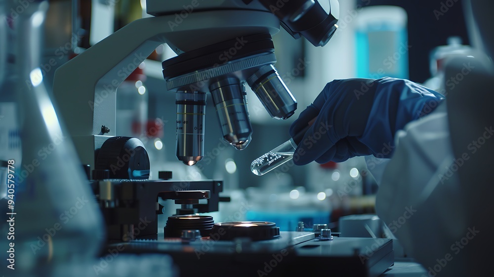 Close-up of scientists in a modern lab conducting virus and bacteria research, using advanced equipment and technology, focused on medical science and microbiology, photographed with HD clarity Close-up of scientists in a modern lab conducting virus and bacteria research, using advanced equipment and technology, focused on medical science and microbiology, photographed with HD clarity
