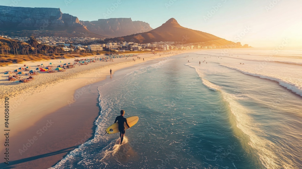 A surfer enters the clear Atlantic Ocean, with Table Mountain behind and a vibrant beach scene.