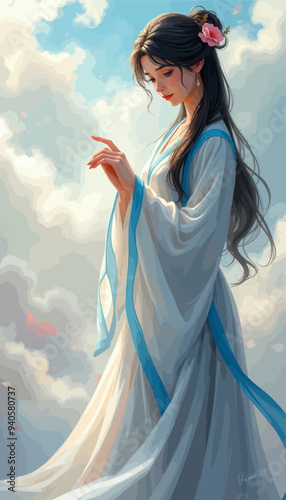 Eastern-inspired female figure in flowing white robe with blue sash, standing amidst fluffy white clouds and pink flowers, looking down with contemplative expression