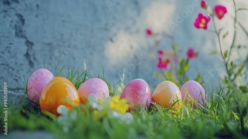 Colorful Easter Eggs with Flowers and Green Grass on Concrete Background Generative AI photo