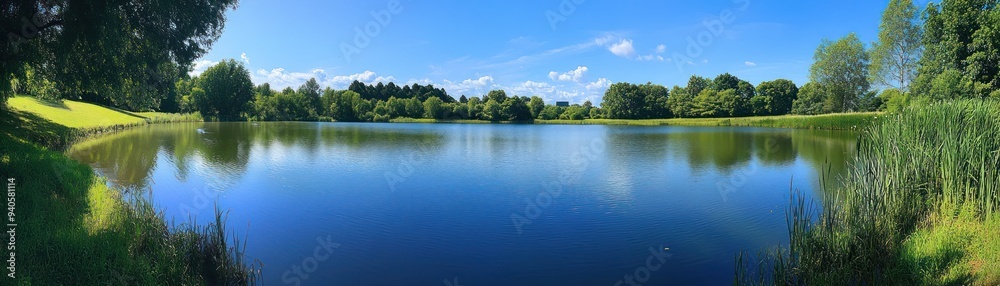 Tranquil Blue Pond Surrounded by Lush Green Trees and Grass Tranquil Blue Pond Surrounded by Lush Green Trees and Grass