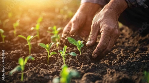 Farmer's Hands Planting in a Field for Sustainable Agriculture and Gardening Generative AI