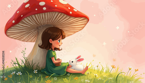 Enchanted Mushroom Garden: A Little Girl and Her Bunny Companion