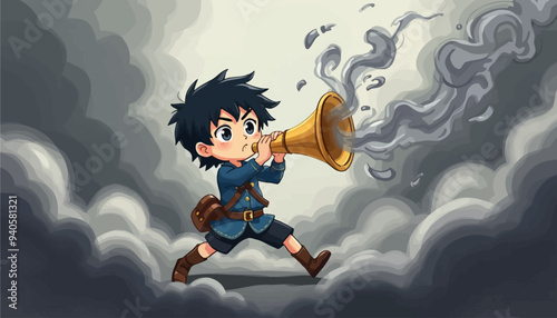 Excited Boy Playing Trumpet Amidst Cloudy Sky