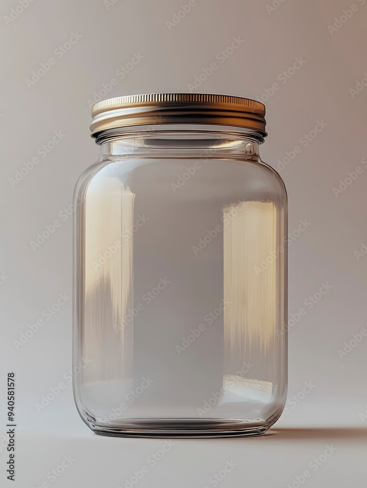 Empty Glass Jar with Gold Lid on a White Background
