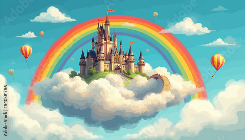 Fantasy Castle Floating in a Rainbow Cloudy Sky with Hot Air Balloons