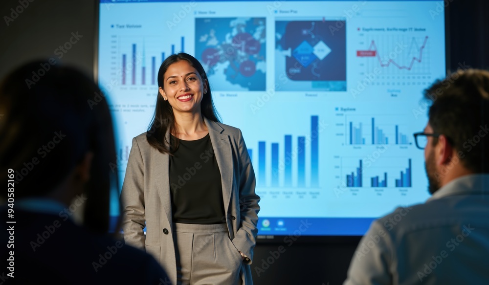 Fototapeta premium Indian Female Corporate Leader Presenting Market Insights in Modern Office