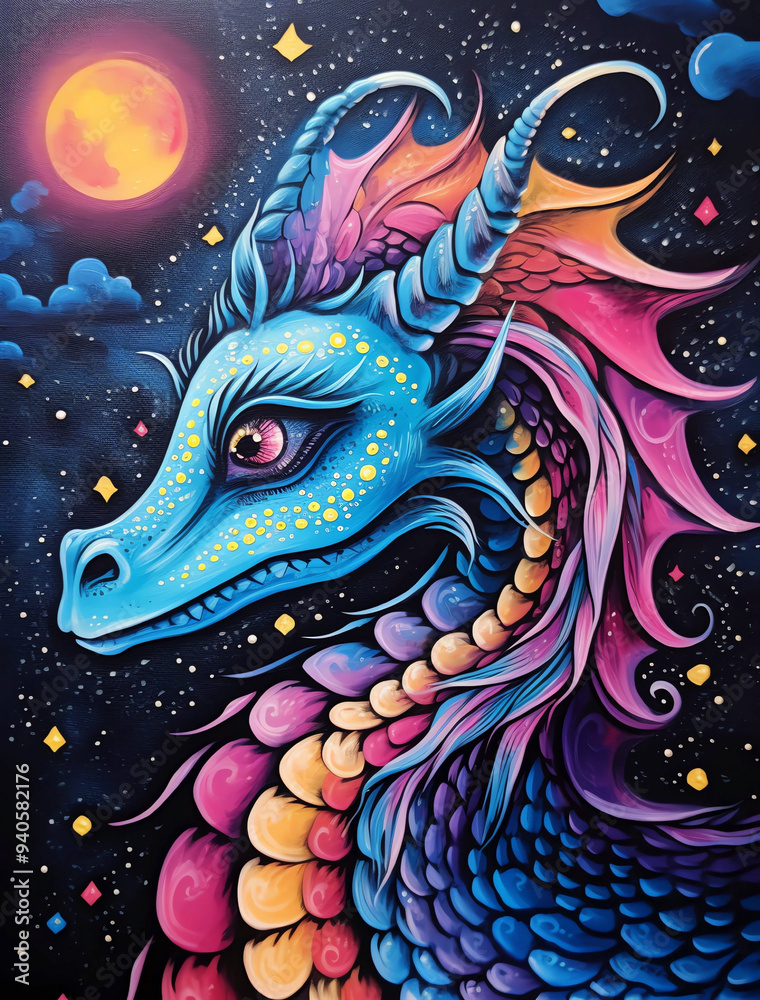 A beautiful dragon with neon colors, glitter, and shimmer on its scales in the night sky. A beautiful dragon with neon colors, glitter, and shimmer on its scales in the night sky.