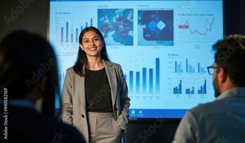 Indian Female Corporate Leader Presenting Market Insights in Modern Office