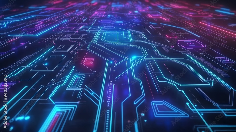 Obraz premium Artificial Intelligence Circuit Line Illustration for Machine Learning and Smart Network Technology Generative AI