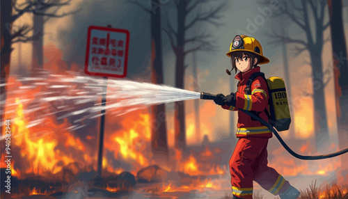 Firefighter in action: Extinguishing a forest fire