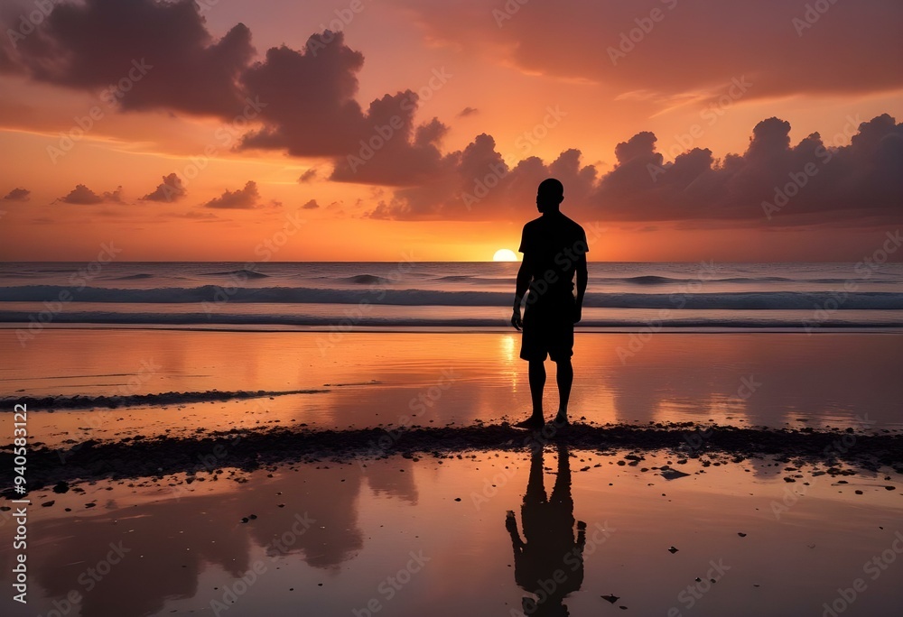 tropical beach scene featuring a silhouette of a lone Black male standing in the foreground against a fiery sunset, with reflective water and scattered seashells tropical beach scene featuring a silhouette of a lone Black male standing in the foreground against a fiery sunset, with reflective water and scattered seashells