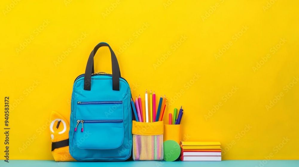 Back to School Essentials on Table with Copy Space Generative AI Back to School Essentials on Table with Copy Space Generative AI