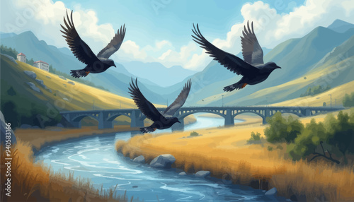 Flying Birds Over River and Bridge
