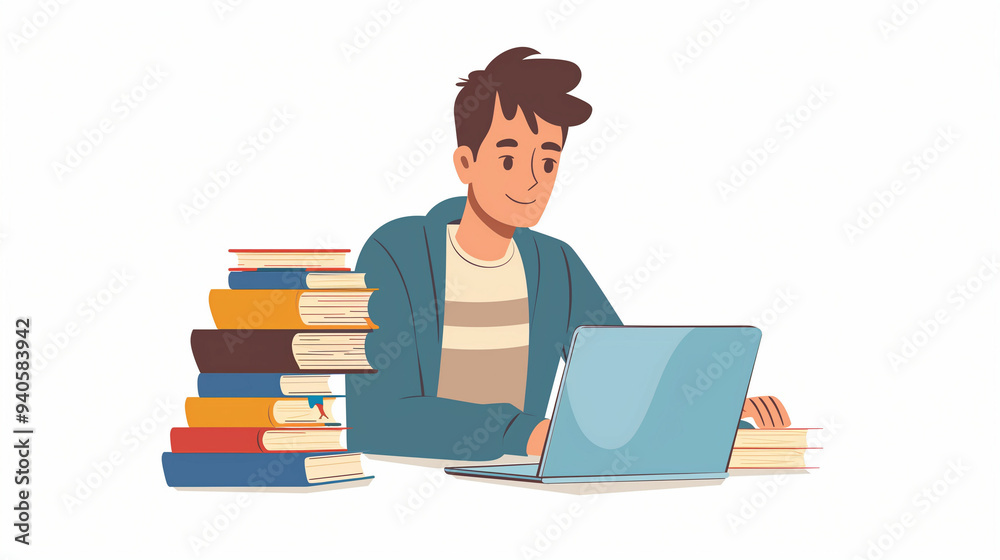 Young man studying on laptop with books Young man studying on laptop with books