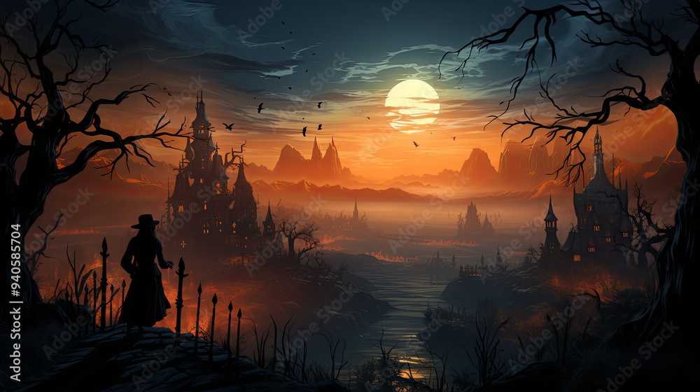 Back view of a Witch with hat walking to strange castles with glowing orange lights and a full moon in the cloudy sky