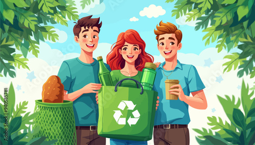 Friendly trio with eco-friendly bags, bottles, and a basket of produce, standing in a lush green forest, smiling and enjoying nature