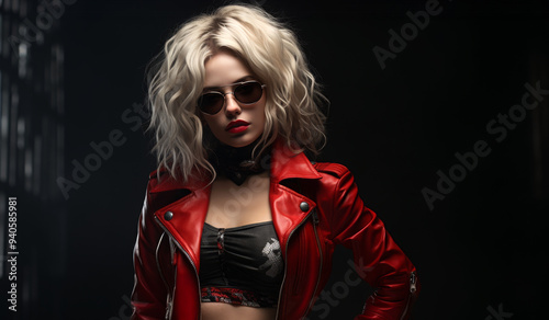 Portrait of a gorgeous young Woman with wild white hair red lips and red leather jacket with dark sunglasses on a dark background