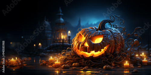 Scary Jack-o-Lantern large heavy engraved pumpkin with glowing orange light and nightly graveyard as blurry background photo