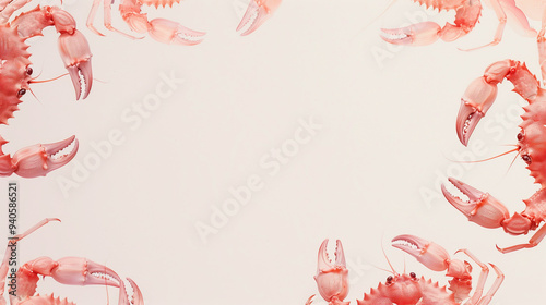 Freshly caught seafood crabs and prawns arranged in a circular design on a light background for culinary inspiration