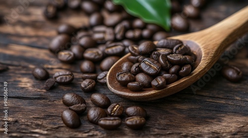 Coffee beans and grounds on wood.