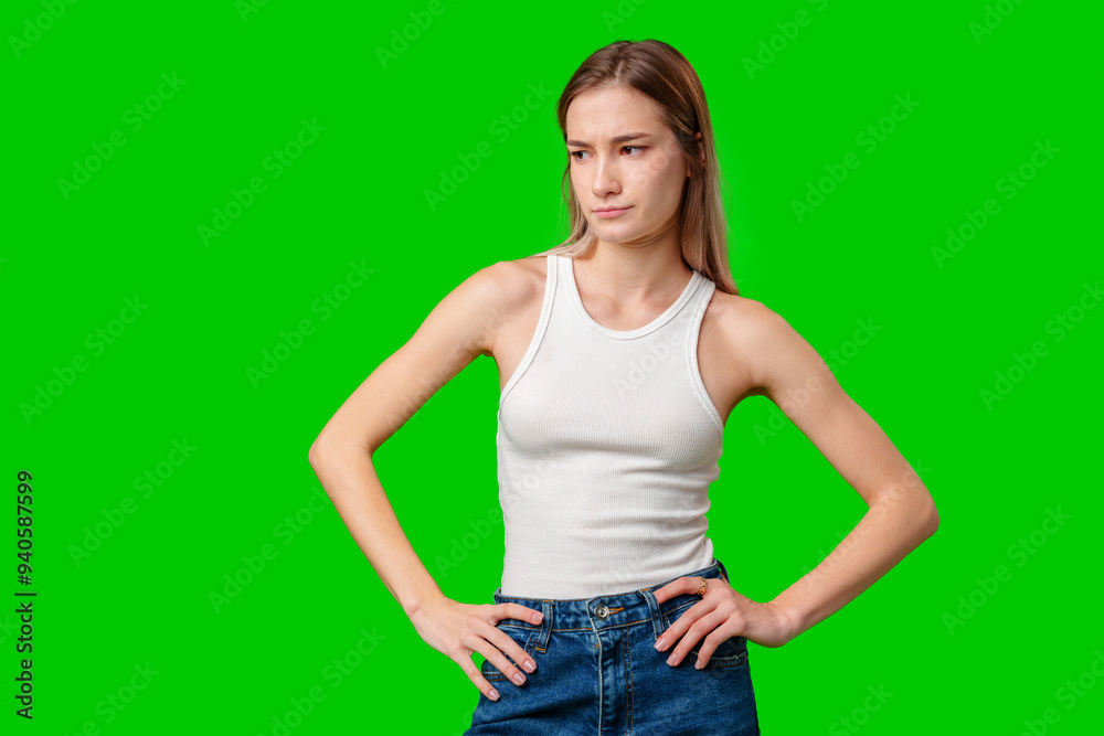 Woman With Hands on Hips Against Green Screen Background Woman With Hands on Hips Against Green Screen Background